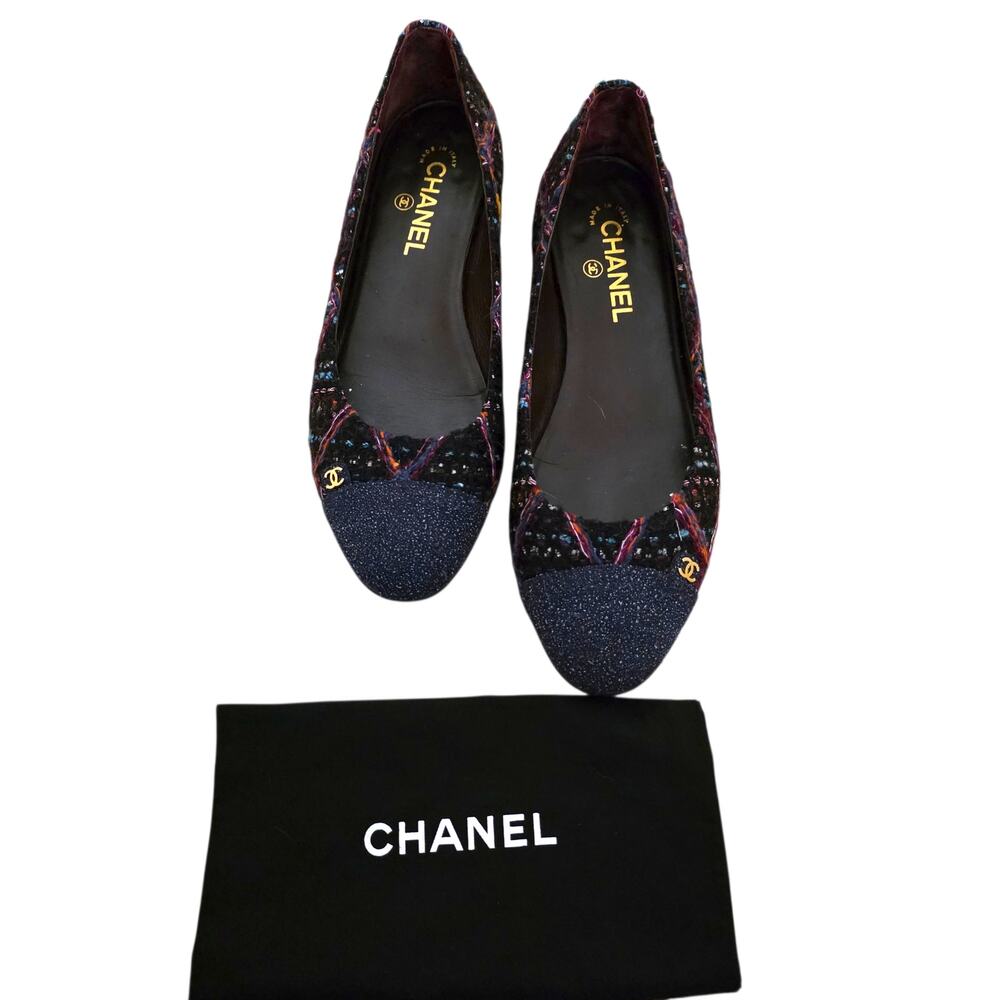Chanel Tweed Ballet Flats Navy Black CC Cap Toe IT 40 US 9–9.5 G27760 - Picture 3 of 14